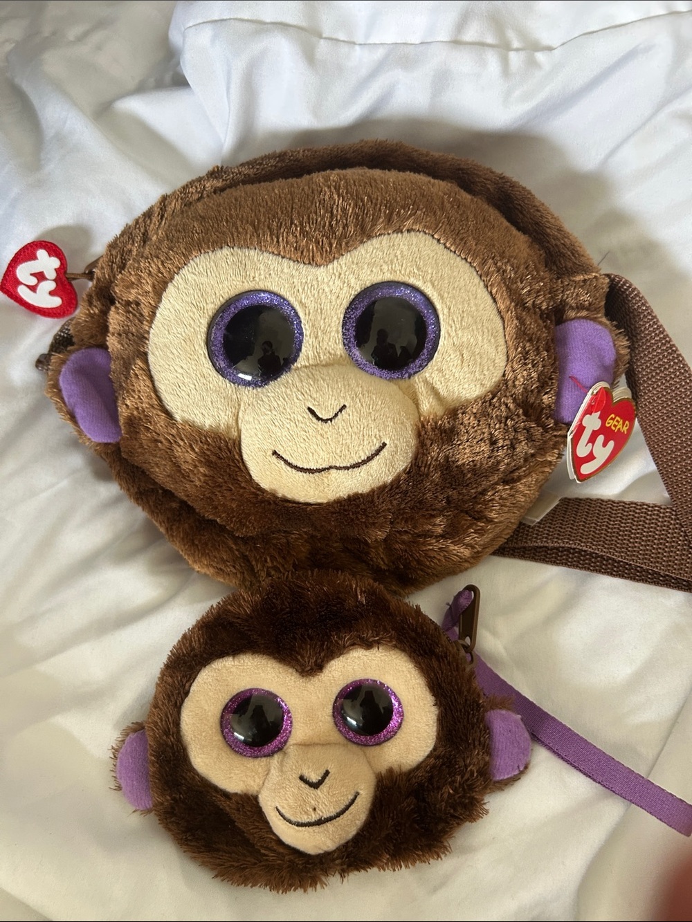 Ty Brown Plush Monkey Crossbody Bag & Coin Purse with Purple Accents